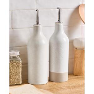 famiware Milkyway 16oz Ceramic Olive Oil Dispenser Bottle, Olive Oil and Vinegar Dispenser Bottle Set of 2 with Stainless Steel Pourers, for Storage Vinegar, Soy Sauce, Matte Beige White & White