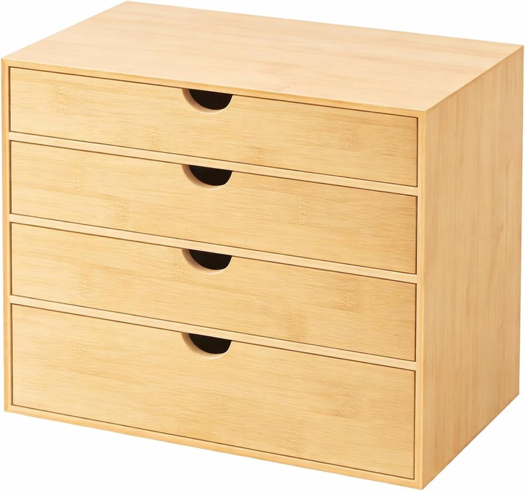 Neando Bamboo Desk Organizer with Drawers, 4-Tier Wooden Desk Organizer, Small Desktop Storage for Office Supplies, Makeup, Accessories, Space-Saving Organizer for Desk, Vanity & Home