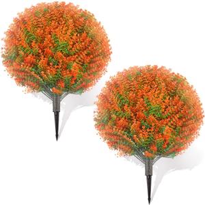 25.6" Fall Artificial Topiary Ball Trees: 2 Pack Fake Shrubs with Spike  UV Resistant & Fade Resistant, Faux Plant for Indoor Outside Front Porch Garden Autumn Thanksgiving Christmas Decor