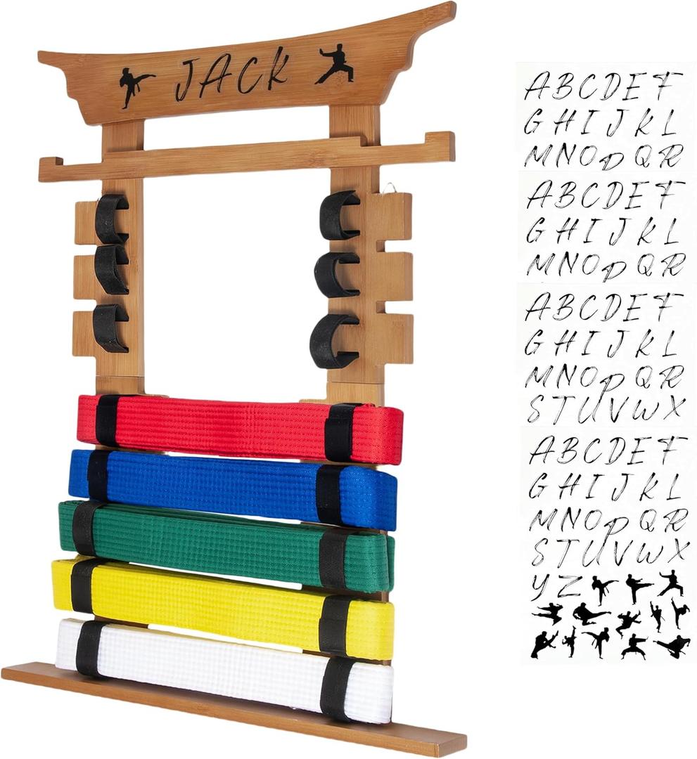 Wall Karate Belt Display Rack with Medal Hanger and Stickers, Martial Arts Belt Display Holder, 8 Belt Taekwondo Belt Belt Display Hanging Holder for Kids and Adults-Brown