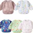 Hafftnun Long Sleeved Bibs, 5 PCS Waterproof Wearable Bibs with Sleeves, Baby Feeding Smock 6-30 Months (5 Pcs Set A)