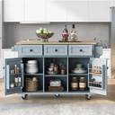 Kitchen Cart with Rubber Wood Drop, Leaf Countertop, Kitchen Island on 5 Wheels with Storage Cabinet and 3 Drawers for Dinning Room (Grey Blue)