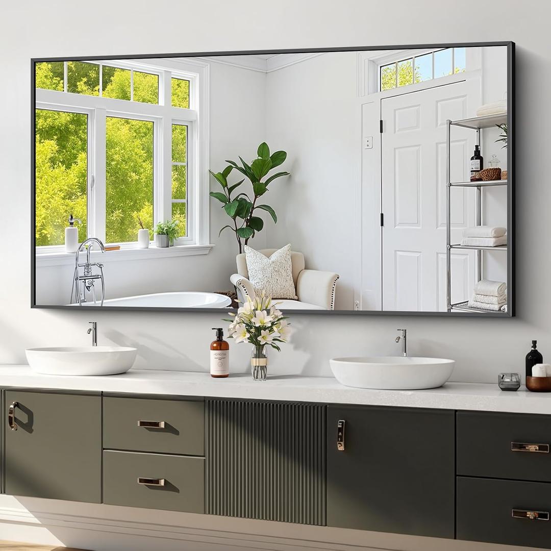 Koonmi Black Framed Bathroom Mirror - Shatterproof 30"x60" Tempered Glass, HD No Distortion, Horizontal/Vertical Mount, Modern Matte Aluminum Alloy Frame (Square-edged) Koonmi Black Framed Bathroom Mirror - Shatterproof 30"x60" Tempered Glass, HD No Distortion, Horizontal/Vertical Mount, Modern Matte Aluminum Alloy Frame (Square-edged)