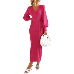 PRETTYGARDEN Women's 2023 Fall Knit Pullover Sweater Elegant Long Lantern Sleeve V Neck Maxi Dress (Rose Red, Large)