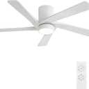 WINGBO 54 Inch Flush Mount DC Ceiling Fan with Lights and Remote, 5 Reversible Carved Wood Blades, 6-Speed Noiseless DC Motor, Hugger Ceiling Fans in White Finish, Low Profile Ceiling Fan, ETL Listed