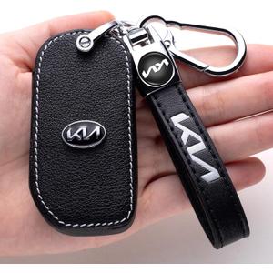 Leather Car Key Fob Case, 4-Button, Black, for Kia Ceed, Cerato, Forte, Niro, Seltos, Sorento, Soul, Sportage, Telluride