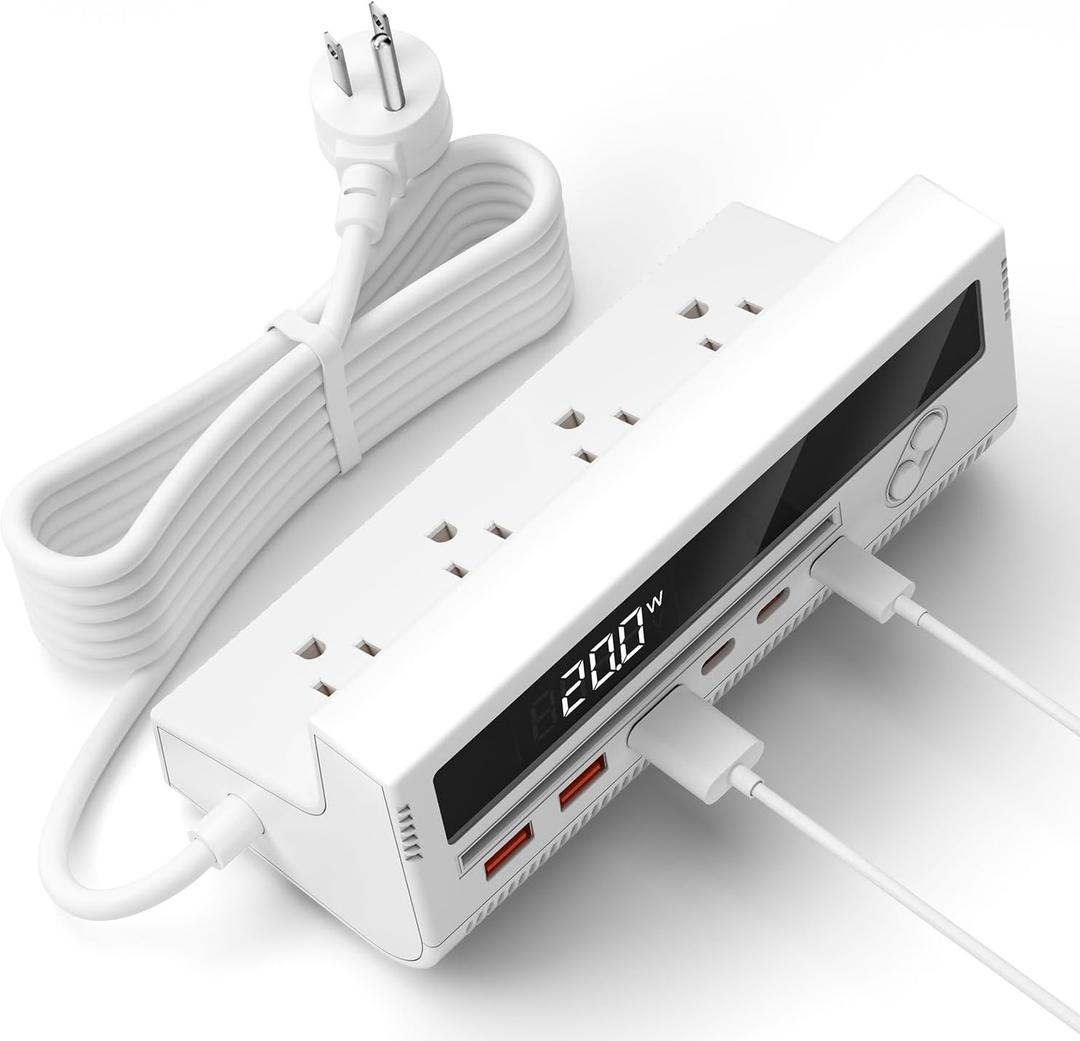 10-in-1 USB Charging Station, 4 Outlets Power Strip with 6 USB, 5 FT Long Extension Cord, 45° Flat Plug, 20W Fast Mulit Charging Station for Home Office Travel Plug Extension Outlet (White)