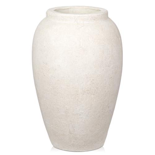 Handcrafted Flower Vase, 10.5" Tall Terracotta Vases, Vintage White Vase, Rustic Antique Décor, Wide Mouth, Matte Finish for Home Office Resto Café Decoration