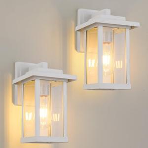 Outdoor Wall Sconce, Outside Porch Light Fixtures, Anti-Rust Exterior Wall Lights in Matte White Finish with Clear Glass for Garage Doorway Entryway, 2 Pack