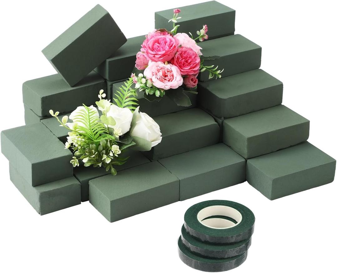 36 Pcs Floral Foam Blocks Set with 3 Green Tapes, Wet & Dry Flower Foam Bricks for Fresh and Artificial Arrangements, Green Florist Foam for Wedding, Party, Birthday, Home Decorations