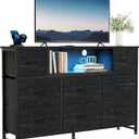 DUMOS LED Entertainment Center with Charging Station, TV Stand Dresser with 8 Fabric Drawers and Open Shelves, Wood Top Media Console for 45-55 inch, Bedroom, Black, 11.8"D x 47.2"W x 31.5"H