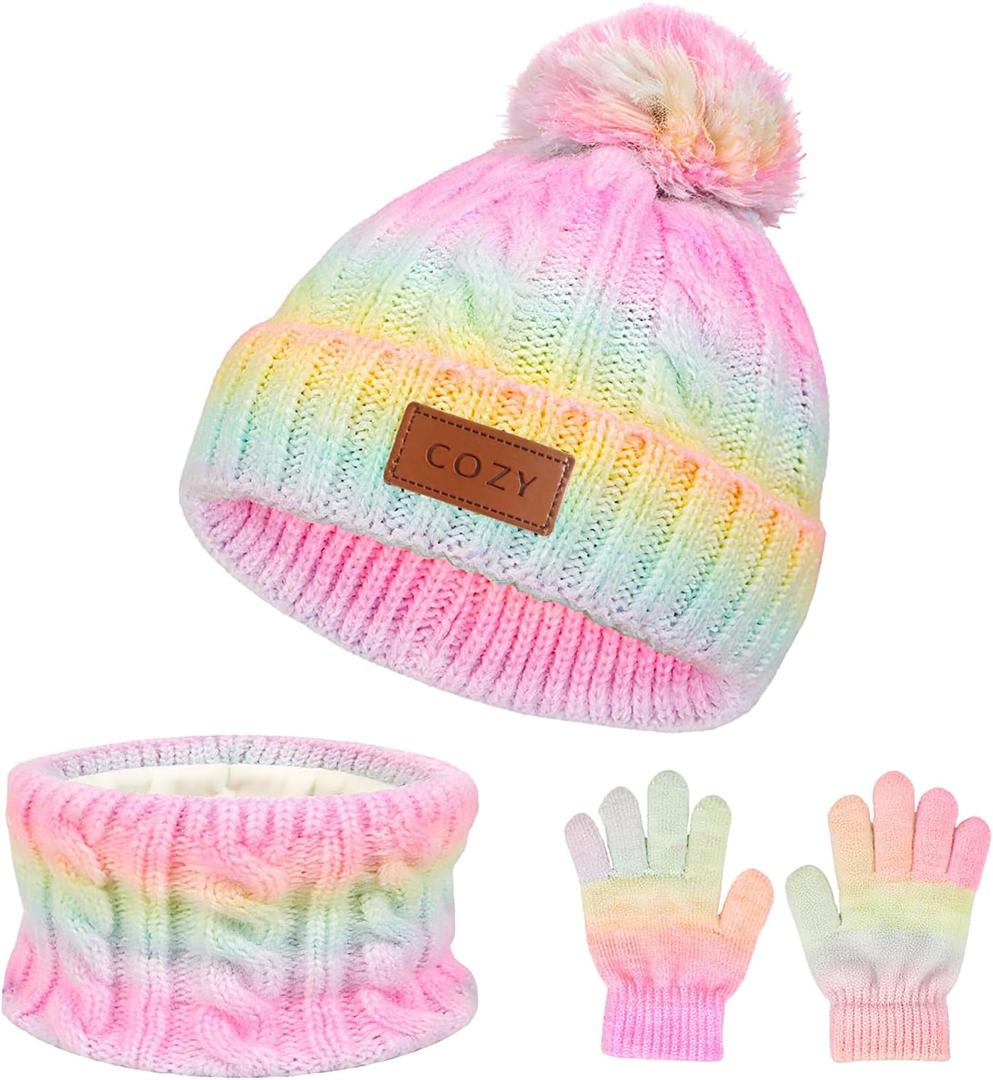 4 Pieces Winter Hat Scarf Glove Set for Women, Fleece Lined Beanie with Pom Pom, Touchscreen Gloves Knit Scarf for Cold Weather (4pcs adult black)