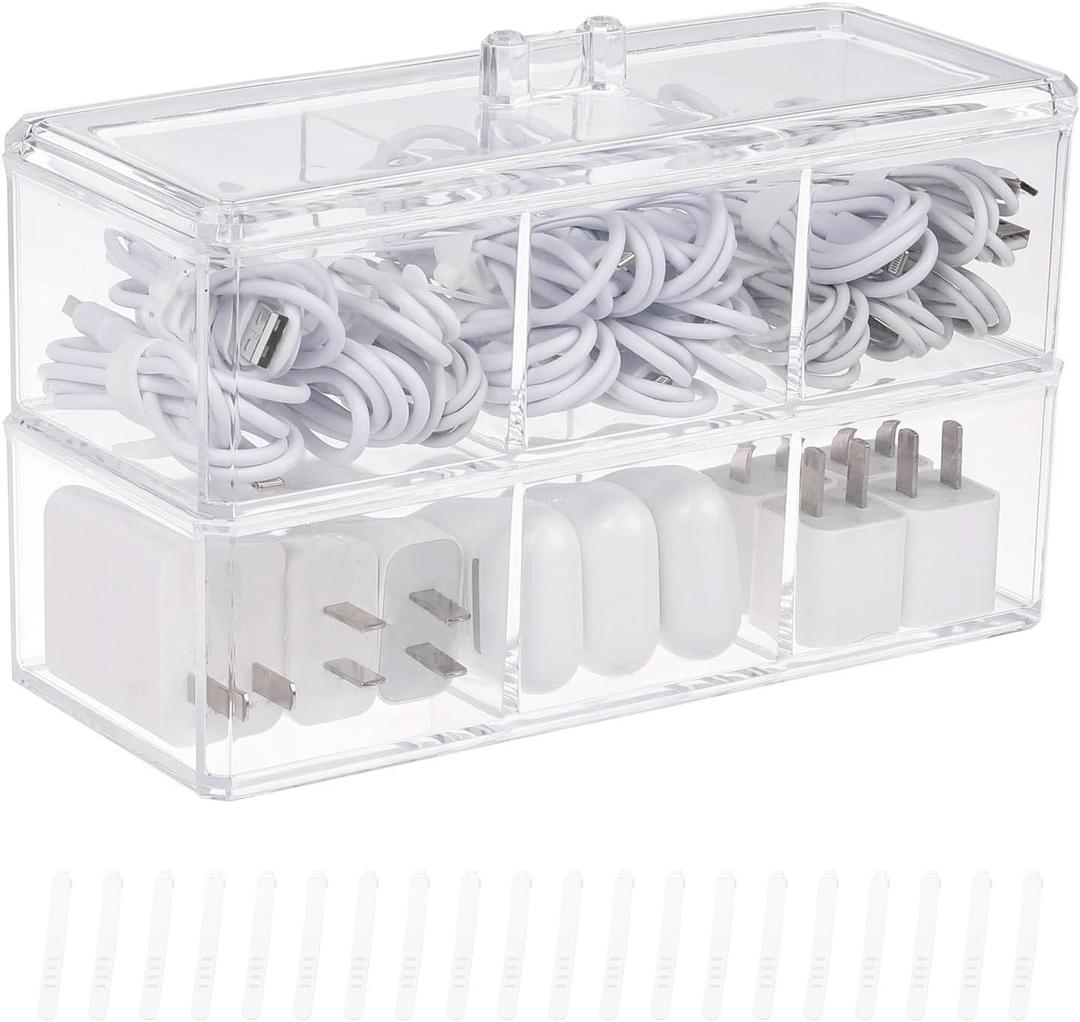 Yesesion Plastic Cable Management Boxes Set with Lid and 20 Wire Ties, Clear Power Cord Case with 3 Compartments, Electronics Organizer Desk Drawer Accessories Storage for Office Supply (2 PACK)