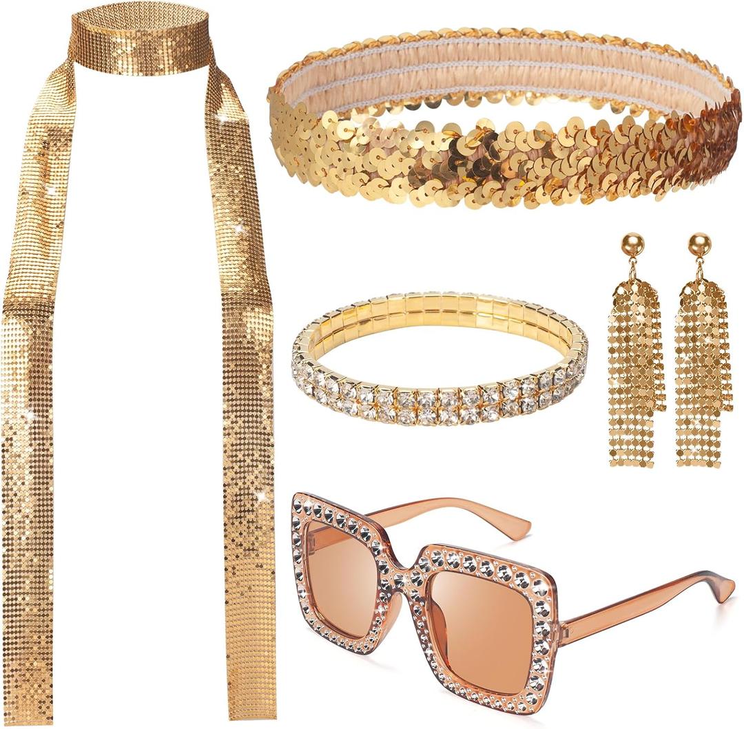 70s Women Disco Accessories, Disco Costume Jewelry Set Include Sequin Scarf Headband Diamond Bracelet Earring Glasses (Gold)