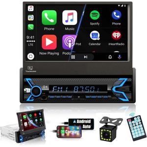 Single Din Car Stereo Compatible with Apple Carplay & Android Auto, 7 Inch Motorized Flip Out Foldable HD Touchscreen,Backup Camera, with Bluetooth/Mirror Link/Camera/FM/USB/SWC/TF/AUX (Black)