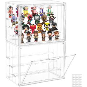 Clear Acrylic Display Case for Collectibles, 4 Layer Figure Display Case with Magnetic Door, Stackable Figurine Display Shelf Box for Figures, Funko Pop, Pop Mart, 2-Pack