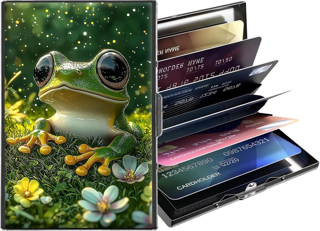 Metal Wallet,Credit Card Holder for Women,Slim RFID Blocking Credit Card Holder Thin Aluminum Wallet ID Case,6 Slot Business Mini Hard Metal Case for Women/Men,Cute Frog Green