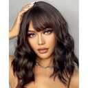 Brown Short Bob Wavy Wig with Bangs for Women Wigs for Women Loose Curly Shoulder Length Bob Curly Women's Charming Synthetic Wigs Style Synthetic Fiber Wig (Dark Brown 12 Inch)