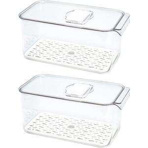 SANNO Produce Saver Refrigerator Organizer Bins with Lids And Removable Drain Tray Food Storage Container Fridge Stackable Freezer Bins For Kitchen Produce Fruit Vegetable (Set of 2) (12.4 x 6.4x 5.7"+12.4 x 6.4x 5.7")