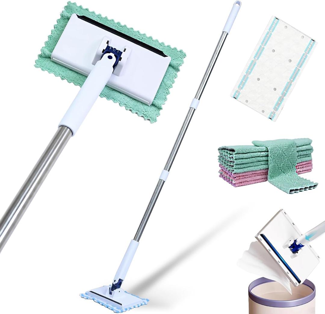 Snap Grip Mini Mop, 42 in Convenient Cloth Changing Mini Mop, with 10 Reusable Cloths, Stainless Steel Hands Free Flat, One-Click Replacement Zero Touch Design, for Multi Cleaning