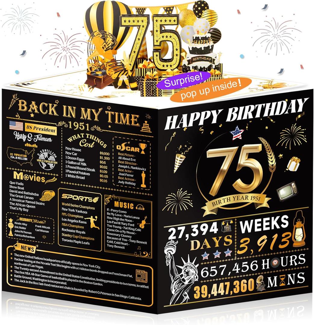 75th Birthday Cards for Women Men, 3D Pop Up 75th Birthday Gift Ideas for Grandma Mom Dad, Funny 75 Year Old Birthday Decorations for Husband Wife Parents Him Her, Jumbo Back In 1951