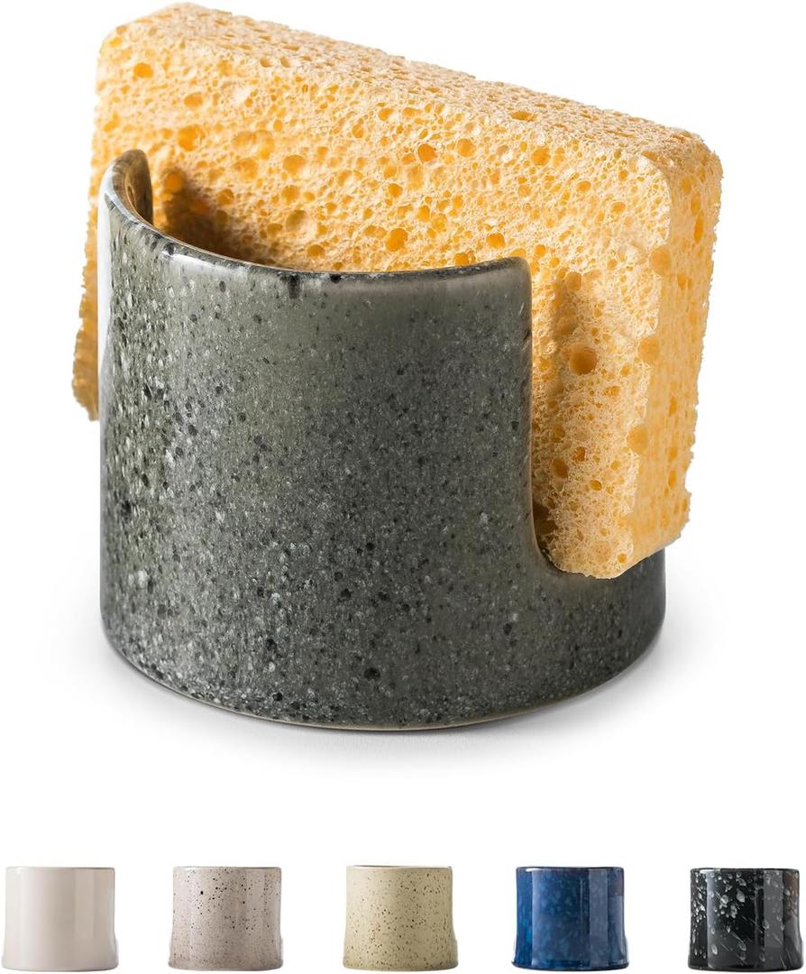 Kitchen Sponge Holder, Ceramic Dish Sponge Holder Scrubby Daddy Farmhouse Dish Rack Brush Holder for Bathroom, Kitchen, Sink, Special Gray (Cylindrical)