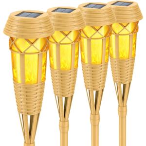Solar Outdoor Lights Torches with Flickering Flame for Garden Decor, Waterproof Garden, Outdoor Patio & Pathway Yard Decorations with Flame Torches - 4 Pack, Handmade Bamboo Solar Light, Realistic Flickering Flame, Auto Dusk‑to‑Dawn, IP65 Waterproof for Yard Patio Pathway
