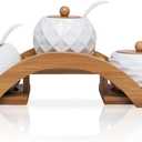 Porcelain Condiment Jar Spice Container with Bamboo Lids & Tray, Ceramic Serving Spoon, Set of 3, White, 170ML(5.8 OZ), Perfect Spice Storage for Home, Kitchen