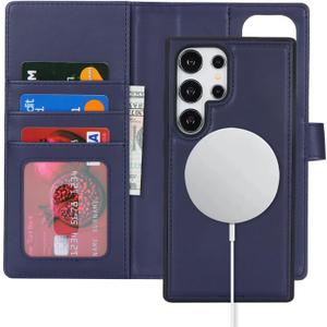 for Samsung Galaxy S24 Ultra Case with Detachable Magnetic Wallet - 2-in-1 Flip Folio Stand Cover, Card Holder & Wireless Charging Compatible - Blue