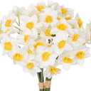 Briful 12 Stems Daffodils Artificial Flowers 2 Bunches Real Touch Fake Narcissus Flower 9in Silk Spring Fake Flowers Wedding Floral Decor Bouquet for Home Party Wedding Office Anniversary Decor,White