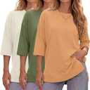 Huukeay 3 Pack 3/4 Length Sleeve Women's Tops Side Slit Tunic Loose Fit Round Neck Tee Shirt Ladies Casual Basic Fall Clothes(Cream, Dark Green, Light Orange,X-Large)