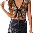 SOLY HUX Women's Y2k Lace Leopard Print Tee Crop Tops Deep V Neck Tie Front Short Sleeve T Shirt (Brown, M)