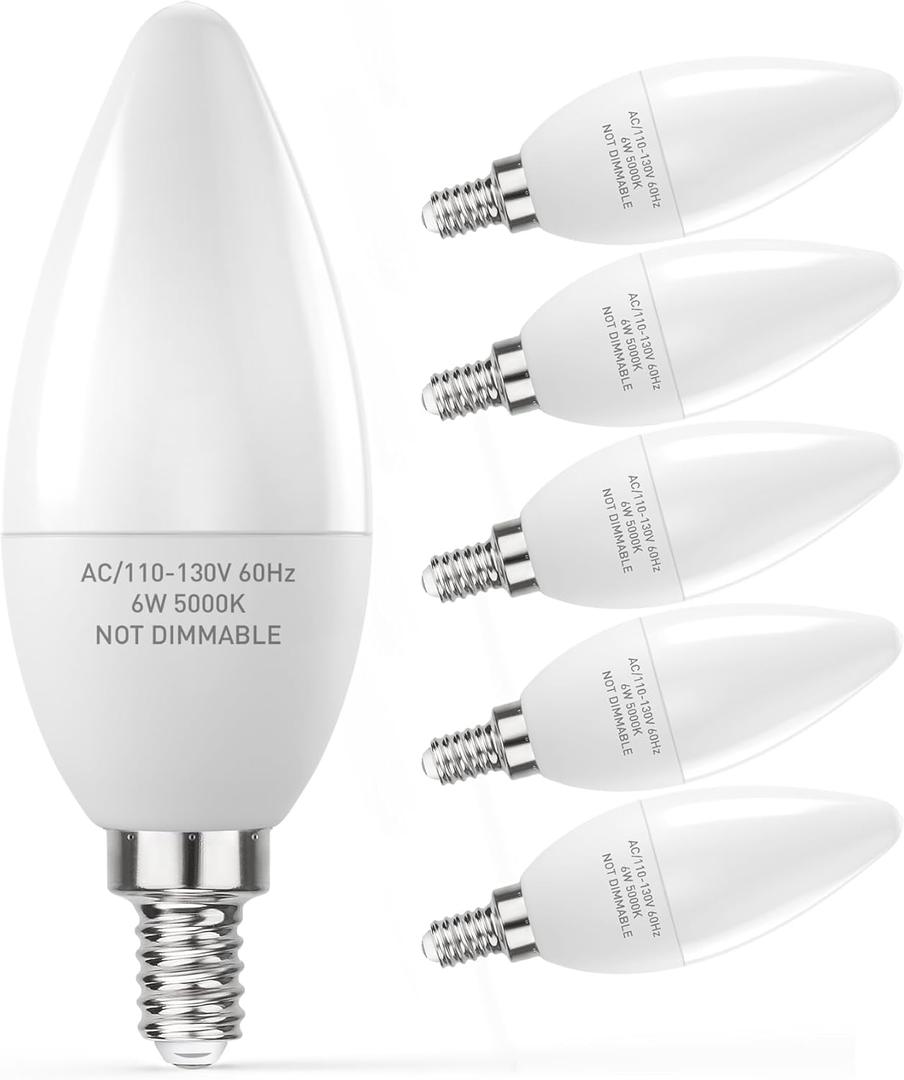 PARTPHONER E12 Base LED Light Bulbs B11 Candelabra Bulbs 60W Equivalent, Non-Dimmable 6W LED Bright Candle Small Base Chandelier Bulb 600 Lumen, 5000K Cold White for Ceiling Fan, Pack of 6