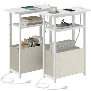Narrow Side Table with Charging Station Set of 2, Small End Table for Small Spaces, Skinny Nightstands Set 2 with Storage Basket, 3 Tier Sofa Bedside Tables for Living Room,Bedroom, White (Power(19.6"Dx7.9"Wx25.2"H))
