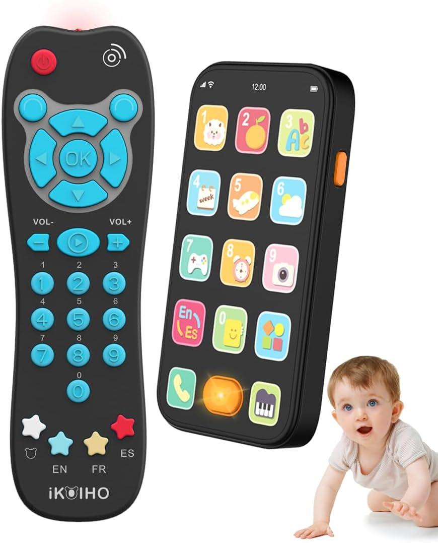 Toy Phone Baby Remote Control Toy Set, Play Phones TV Remote Control with Music Light for 6+ Months, Early Learning Baby Toys Gift for 1 Year Old Boys Girls Toddler Infant Kids, English/Spanish, Blue