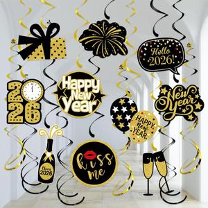 Happy New-Years Eve Party-Decoration Banner Garland - 16pcs Black Gold 2026 Swirl Streamers Banner, Nye Kids Hanging Supplies Decor Lasting Surprise