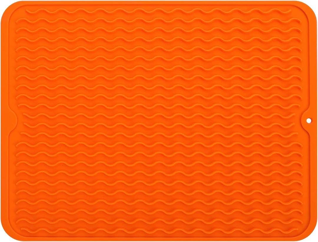 MicoYang Silicone Dish Drying Mat for Multiple Usage, Easy clean, Eco-friendly, Heat-resistant Silicone Mat for Kitchen Counter or Sink, Refrigerator or Drawer Liner Orange, L 16 inches x 12 inches