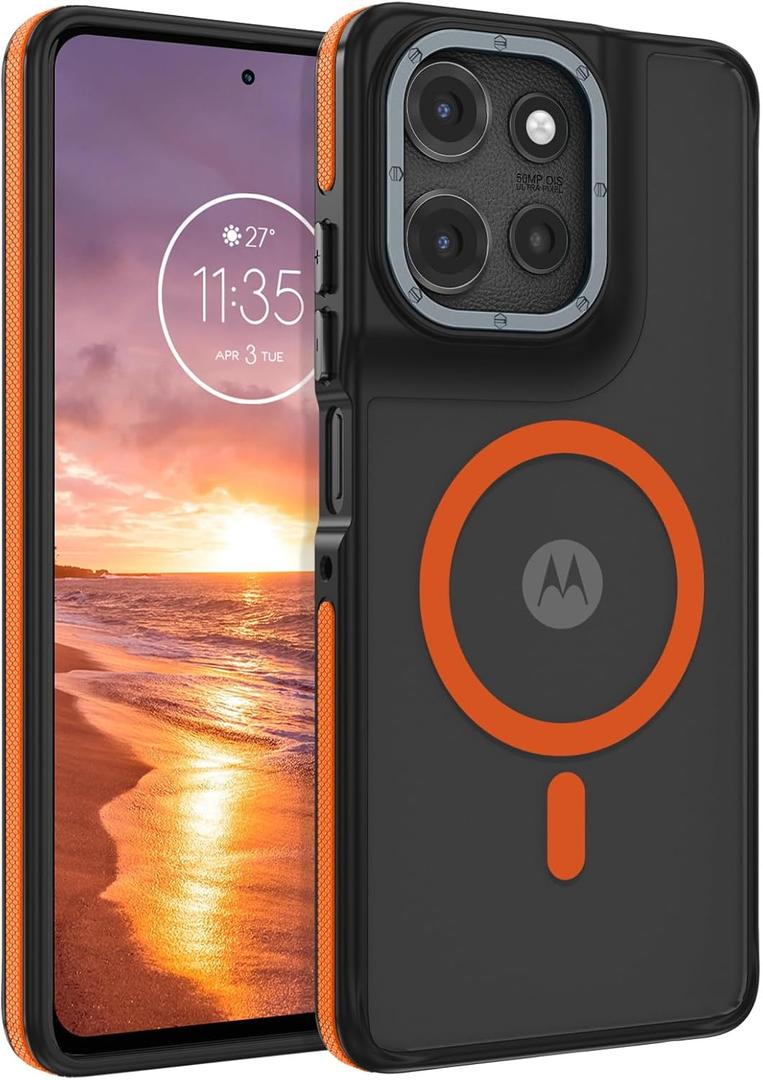 GaoBao Magnetic for Moto G Power 2025 Case/Moto G Power 2026 Case [Compatible with Mag-Safe] [Military-Grade Protection] Slim Translucent Matte Shockproof Anti-Fingerprint Phone Case, Black/Orange
