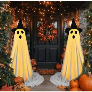 Halloween Decorations Outdoor Indoor, 2 Pack Spooky Ghost with Witch Hat, Scary Ghost Decorations with LED String Lights, Terrifying Halloween Decor for Home Outside Porch Garden Yard Lawn Party