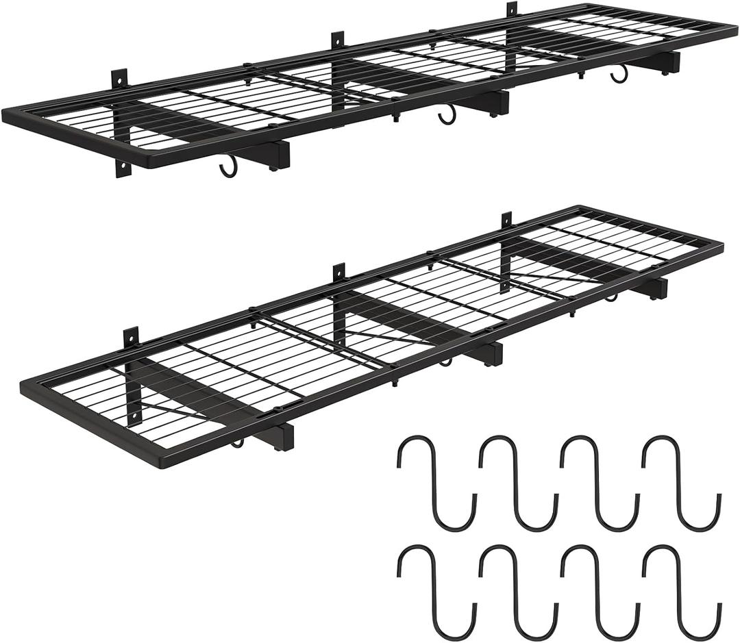 2 Pack Garage Wall Shelves, 46"X 12.5" Garage Shelving Wall Mounted, Heavy Duty Shelf Organizer with 8 Hooks, Black Floating Storage Metal Rack 320 LBS Capacity for Laundry Room, Office, Basement