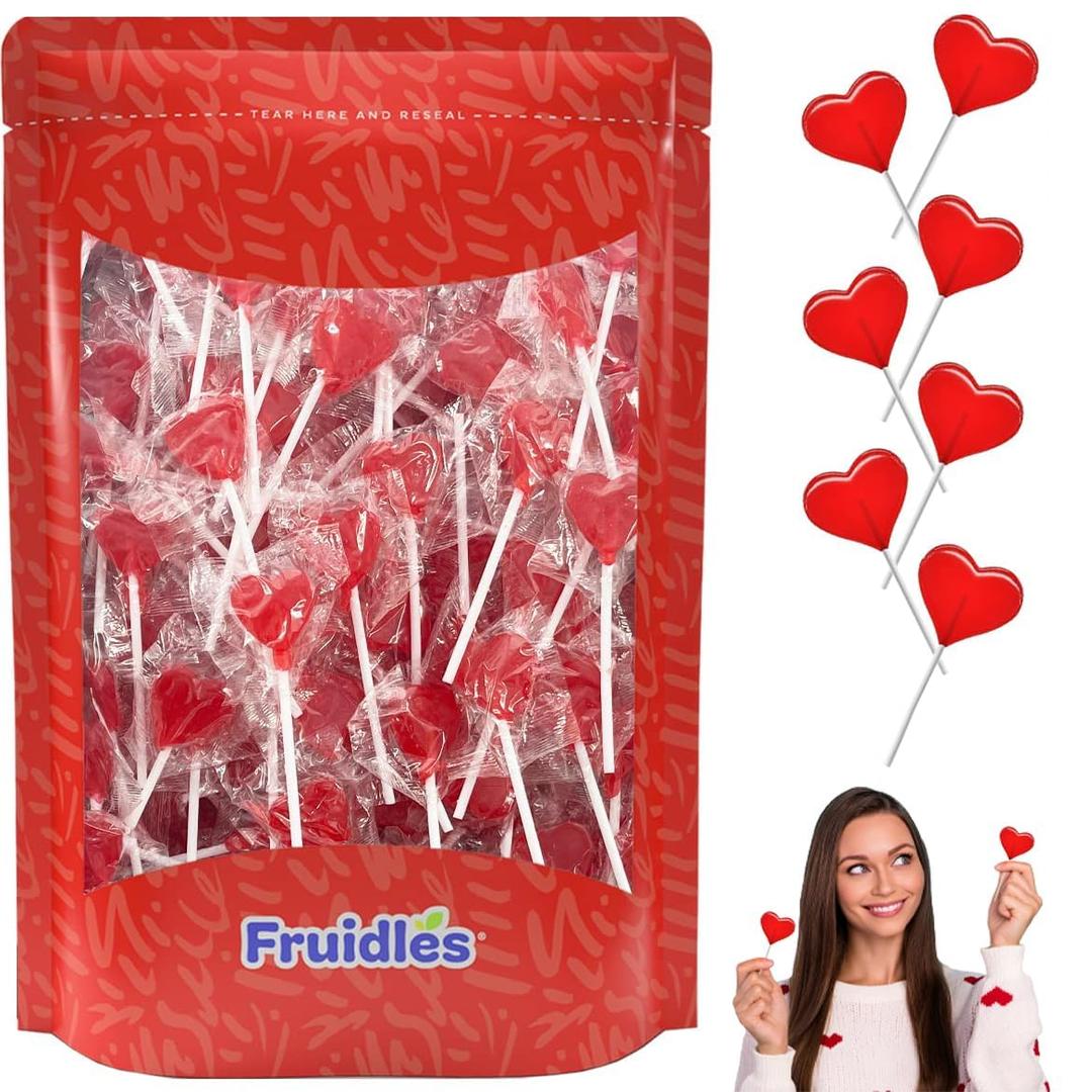 Fruidles 30-Count Lollipops Mini Red Heart Shaped Strawberry Flavored Individually Wrapped, 5g 30 Lollipops Half-Pound (EXP 06/08/27)