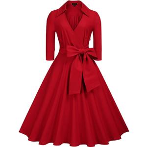 Miusol Women's Deep-V Neck Classical Bow Belt Vintage Casual Swing Dress (XX-Large, Red)