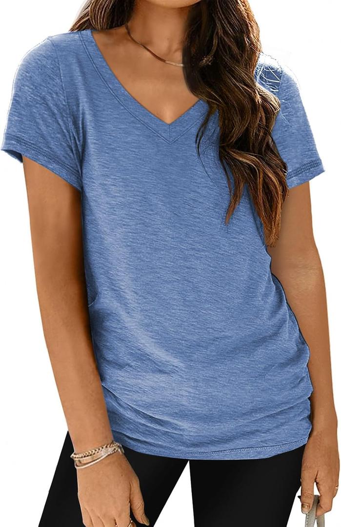 Workout Tops for Women V Neck Dry Fit Athletic Gym Shirts Clothes Blue (M)