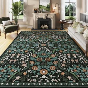 8x10 Green Floral Washable Area Rug for Living Room, Non-Slip Soft Vintage Boho Carpet, Botanical Forest Green Low Pile Rugs for Bedroom, Dinning Room, Dorm, Nursery, Black and Green