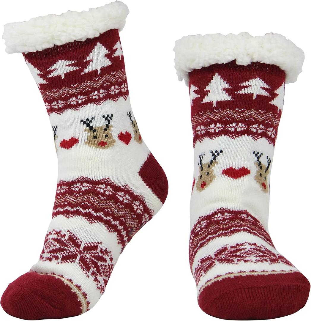 BenSorts Women Winter Thick Slipper Socks with Grippers Non Slip Warm Fuzzy Socks Christmas Gifts (Red)