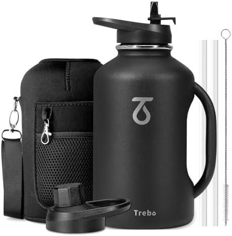 Trebo Half Gallon 64oz Water Bottle with Handle,Double Wall Vacuum Insulated Large Water Jug,Stainless Steel Water Bottle Flask,Gym Water Bottles For Men with Straw Spout Lids Strap,Black
