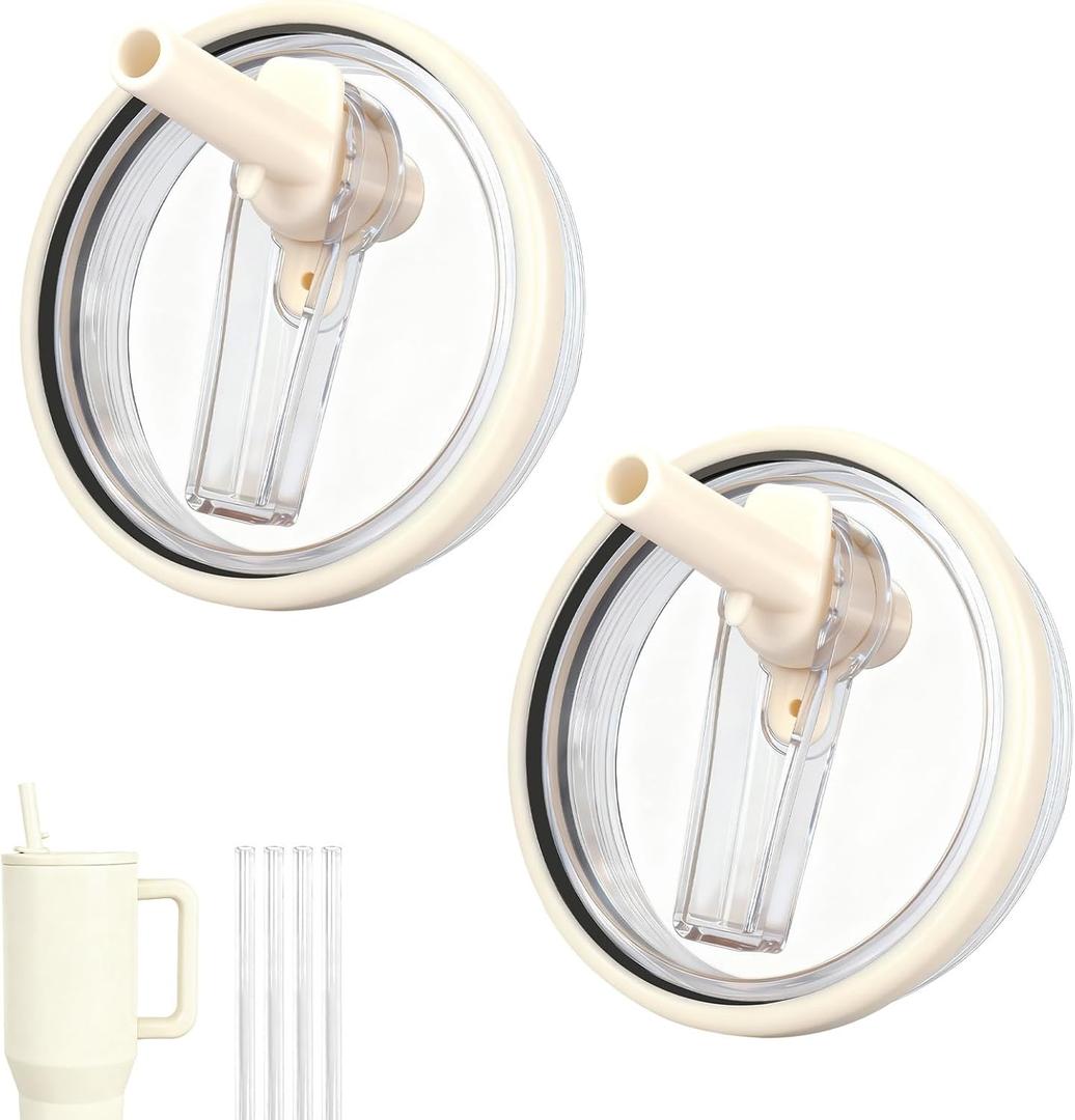 32oz Flip Straw Lid for HydroJug Traveler, Leak Proof Top Cap Replacement for HydroJug Tumbler, BPA-Free Dishwasher Safe Leak Resistant Cap with 4 Straws, Lids Accessories for Hydro Jug, Cream*2