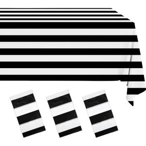 3 Pack Gingham Disposable Tablecloths, 54 x 108 Inch Waterproof Plastic Rectangle Table Covers, Black and White Stripe Tablecloth for Party, Picnic, Birthday