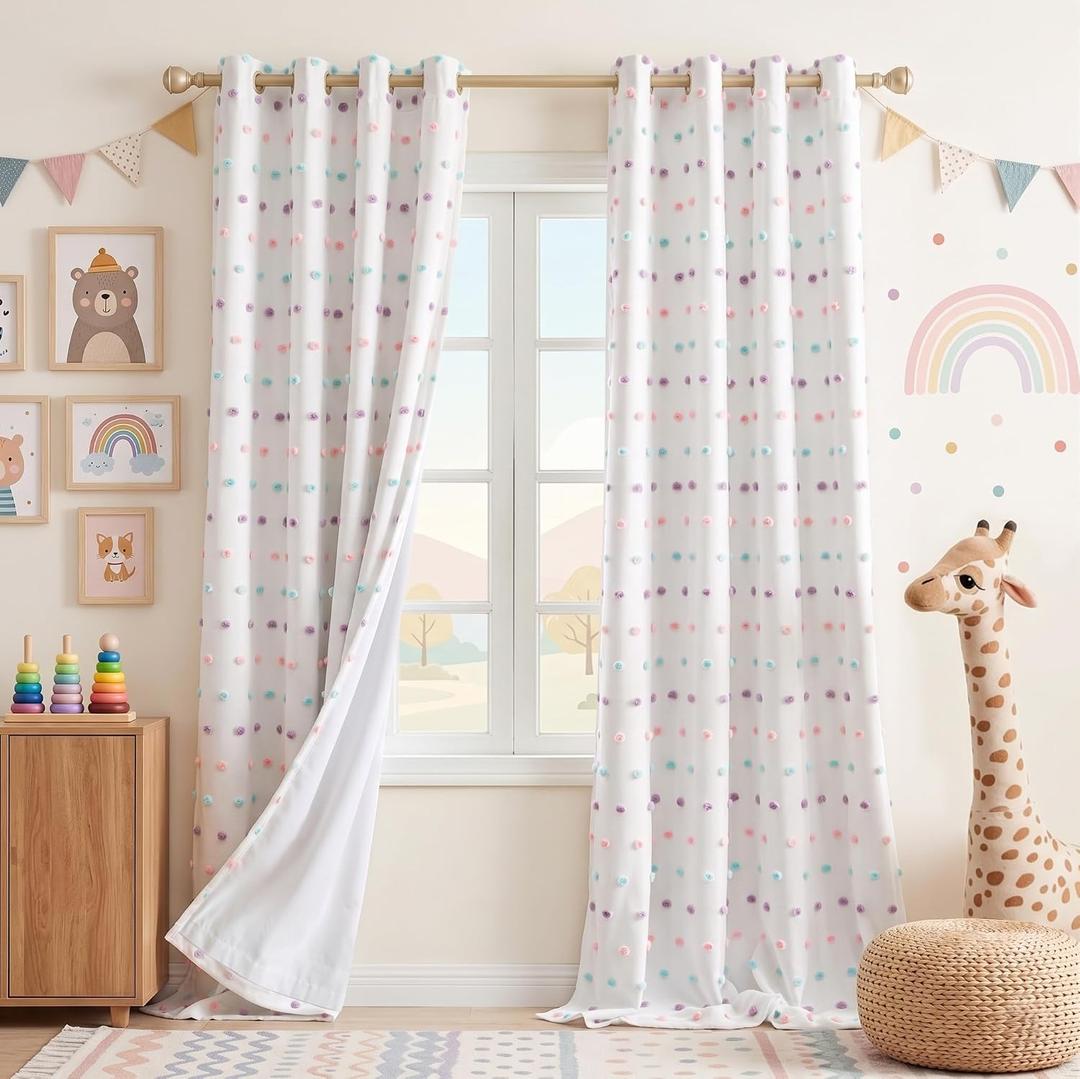 MEETSKY 100% Blackout Curtains for Kids Bedroom 95 Inch Length 2 Panels,Full Light Blocking Curtains for Living Room Grommet Thermal Insulated 2 Layer Drapes with Rainbow Pom Pom Sheer 52" W x 95" L