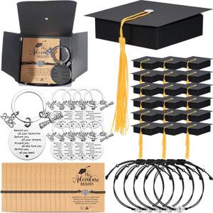 24 Sets 2025 Graduation Gifts Bulk, Class of 2025 Graduation Keychains With Grad Compass Bracelets Bulk Set In Cap Boxes 2025 Graduation Gift for Students, Guests, Graduates